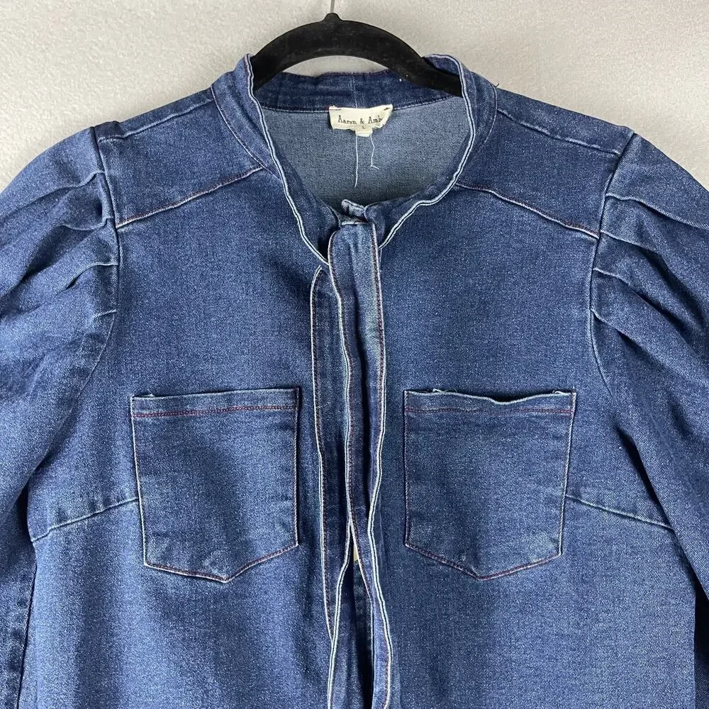 Aaron & Amber Denim Top Womens Large Blue Puff Sleeve Tie Neck Snap Button Heavy - Picture 2 of 16
